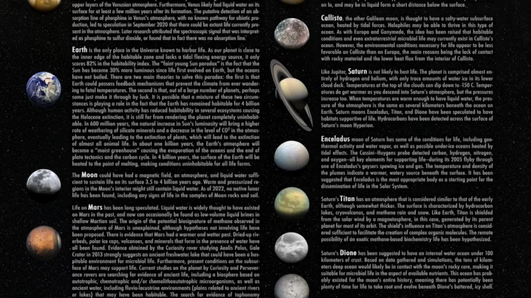 Infographic columns on planetary habitability, featuring Mars, Earth, and moons like Titan and Enceladus.