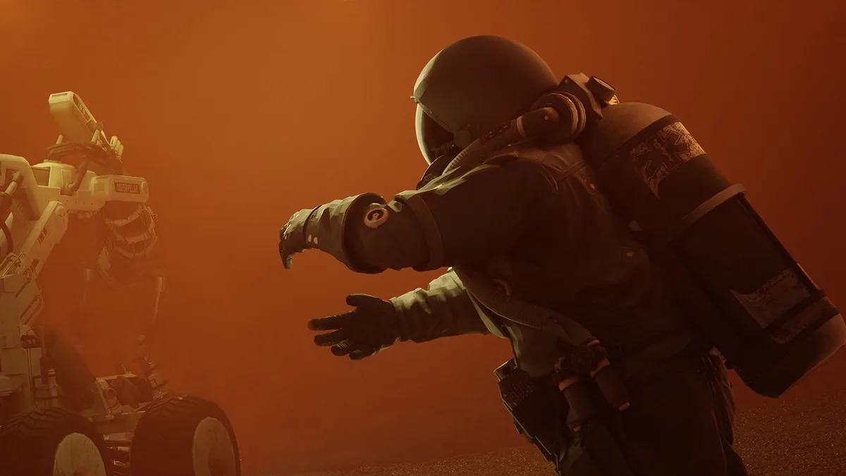 An astronaut in a spacesuit reaches toward a rover on a hazy, orange Martian landscape.