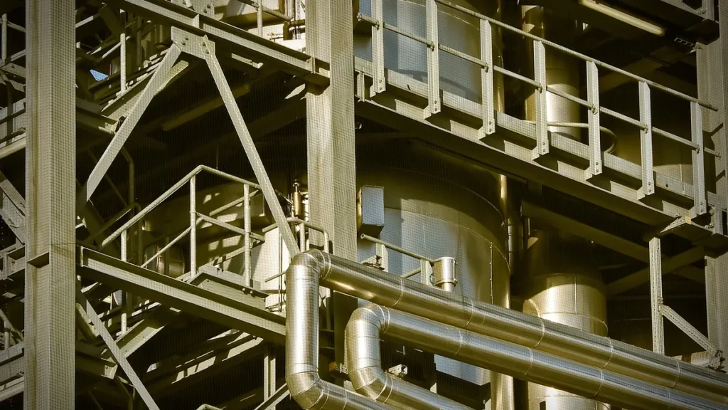 Metallic pipelines and steel frameworks of a large industrial facility under a yellow-green hue.