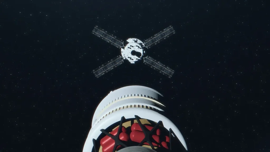 A space render showing a four-solar-panel satellite approaching a white rocket stage with red tanks.