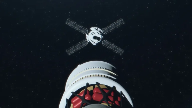 A space render showing a four-solar-panel satellite approaching a white rocket stage with red tanks.