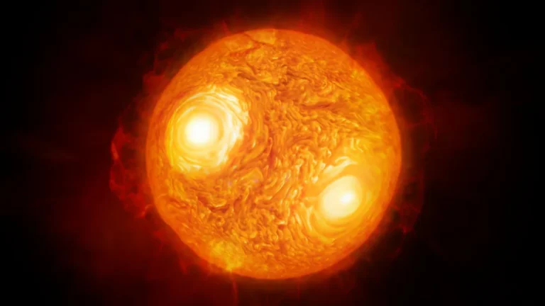 An orange-red supergiant star with two giant bright spots on a boiling, turbulent surface.