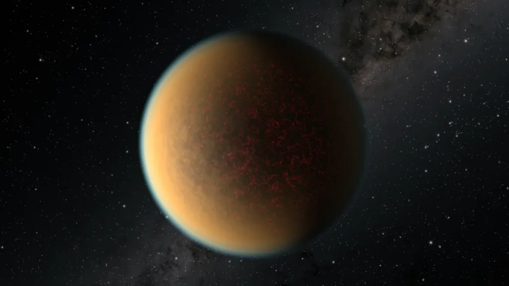 An artist's rendering of a cracked lava planet with a glowing orange atmosphere in starry space.