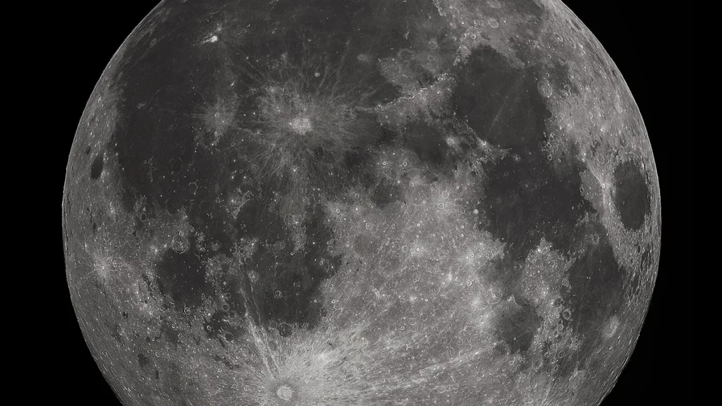 Detailed black-and-white view of the Moon's surface, showcasing craters and lunar maria against a black background.
