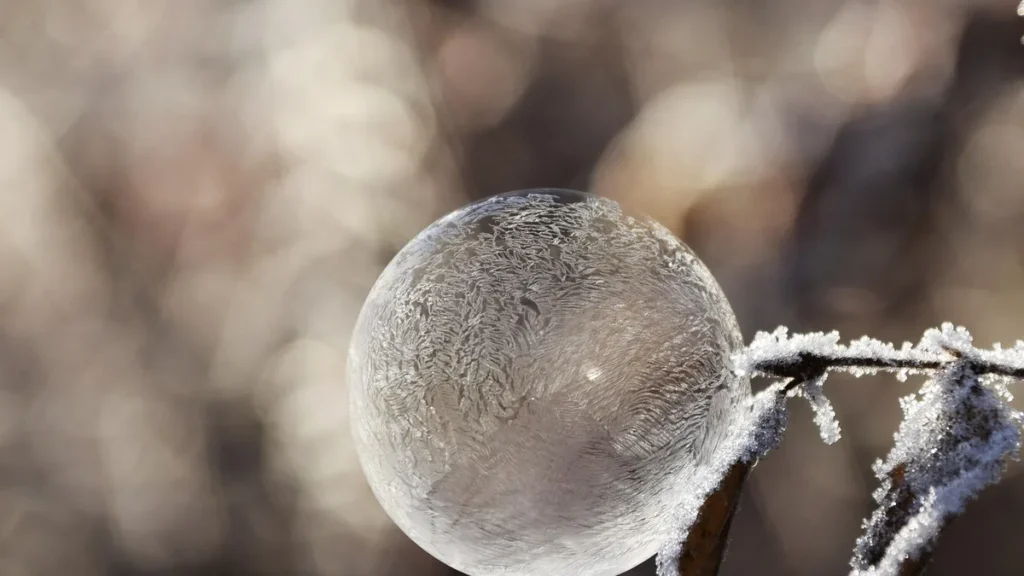 Intricate ice crystals cover a frozen, sphere-like bubble resting on a frosty branch under soft bokeh light.