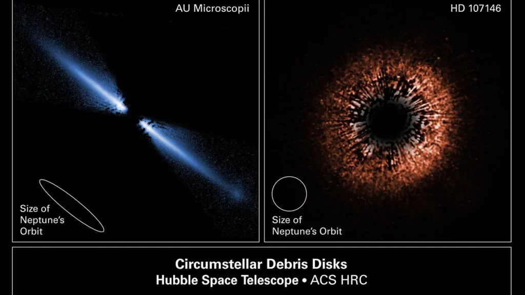 Hubble image of two circumstellar debris disks, AU Microscopii and HD 107146, showing the size of Neptune's orbit for scale.