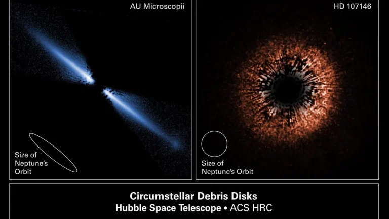 Hubble image of two circumstellar debris disks, AU Microscopii and HD 107146, showing the size of Neptune's orbit for scale.