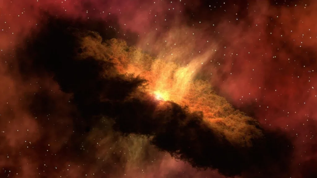 Glowing orange cosmic cloud with a bright core, surrounded by reddish nebula and distant stars.