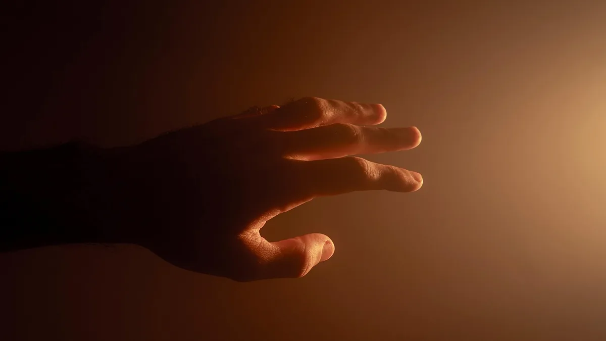 Silhouette of a human hand reaching out toward a warm, glowing light in a dark, dusty atmosphere.