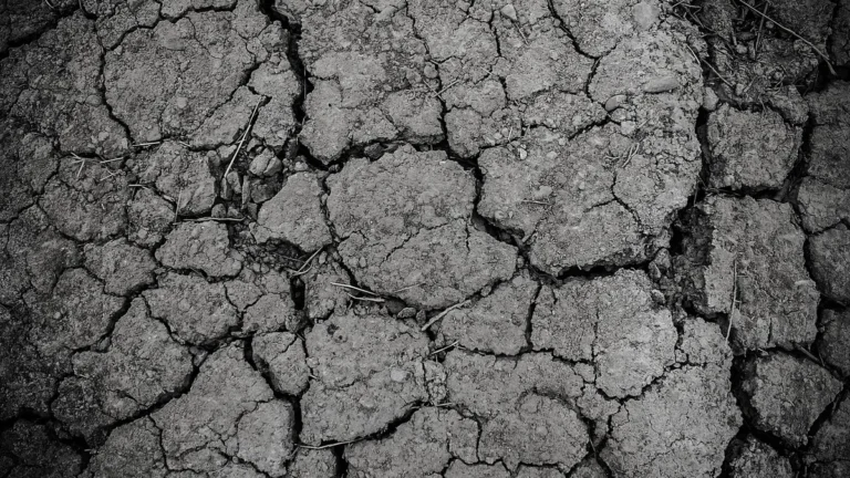 Black and white close-up of dry, cracked earth showing deep, barren soil fissures.