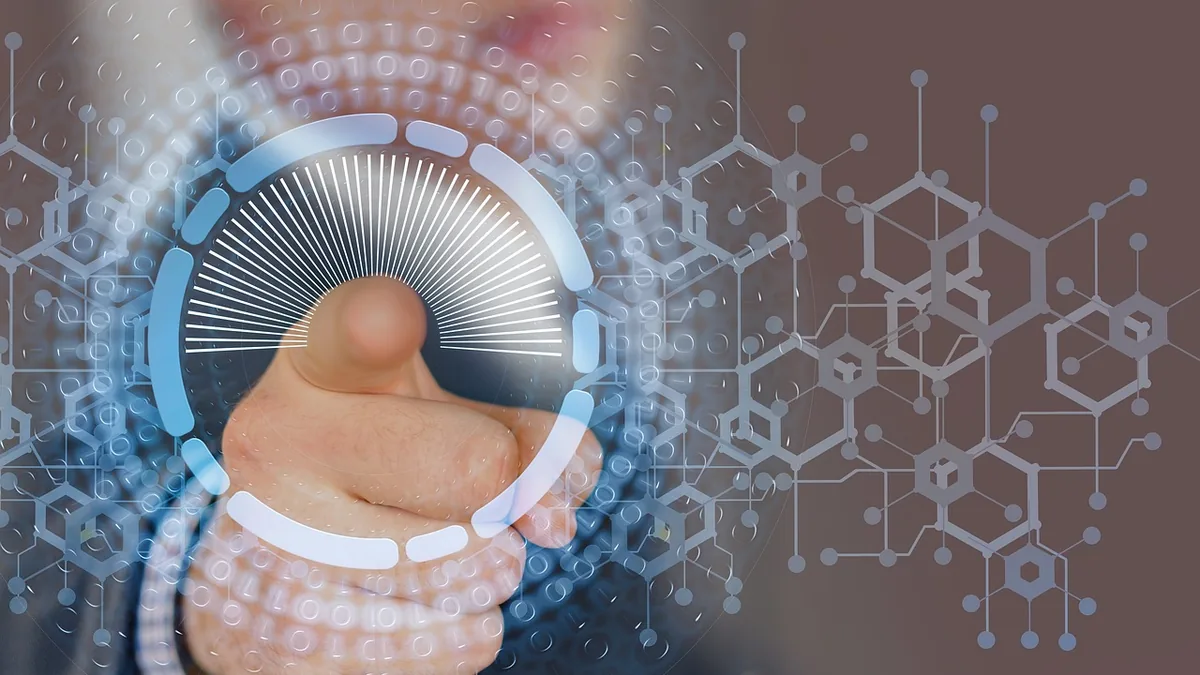 A finger touching a glowing circular digital interface surrounded by binary code and molecular lattice patterns.