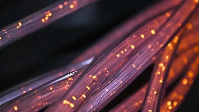 Purple fiber optic strands glowing with bright orange light points against a dark background.