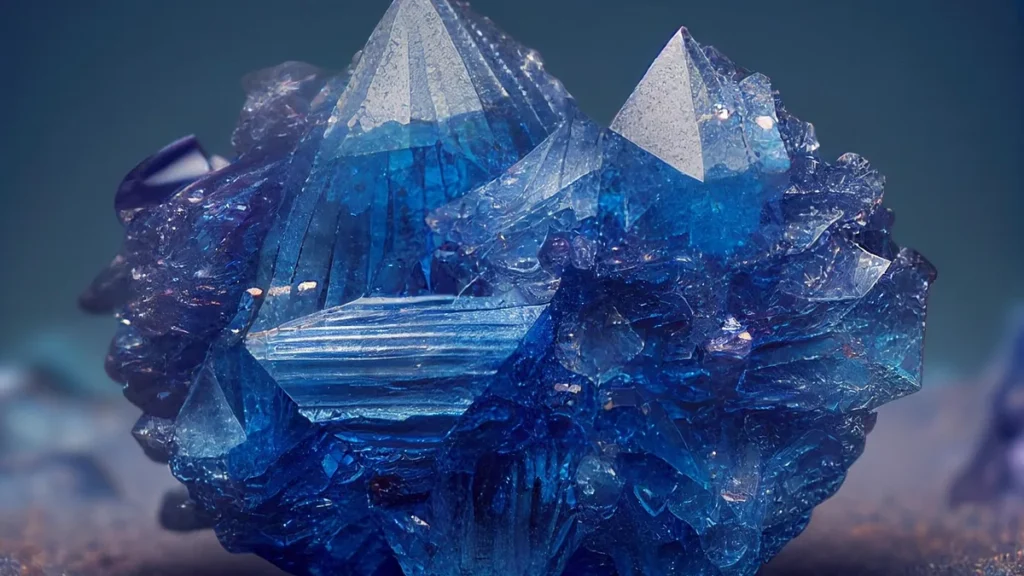 Vibrant blue crystal cluster with sharp, geometric facets sparkling against a soft, blurred background.