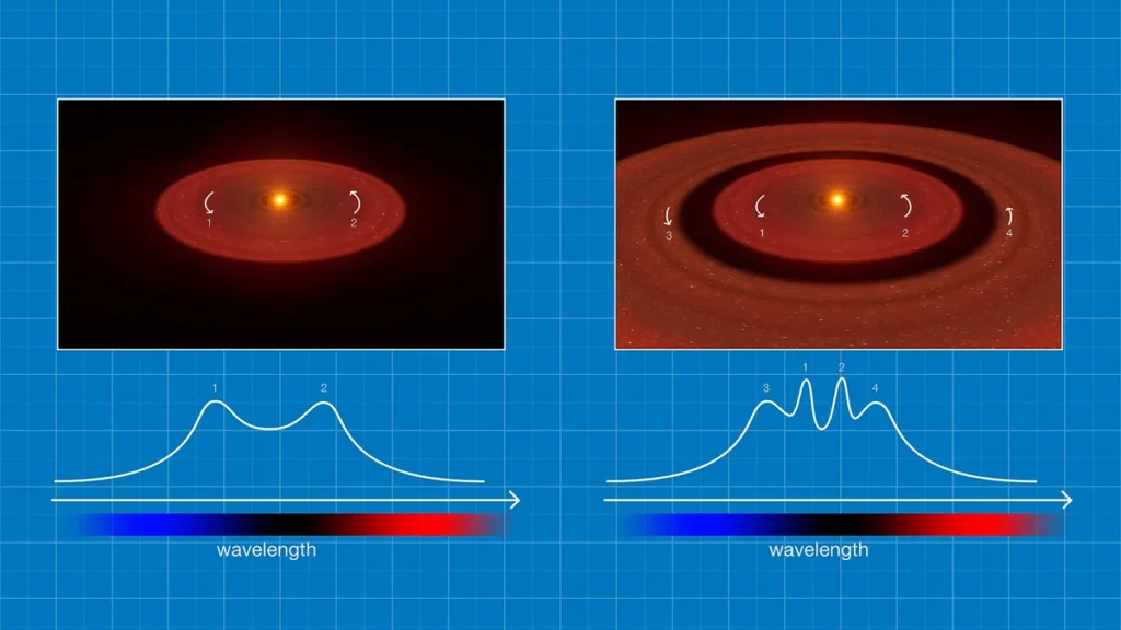 Infographic comparing spectral peaks of a single-ring disc (two peaks) and a double-ring disc (four peaks).