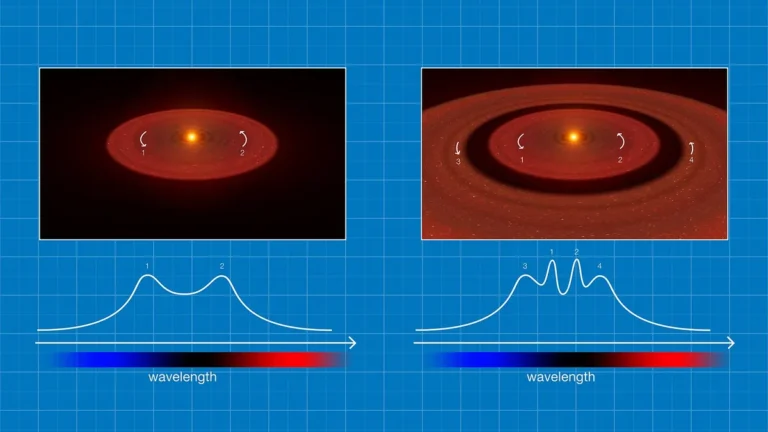 Infographic comparing spectral peaks of a single-ring disc (two peaks) and a double-ring disc (four peaks).