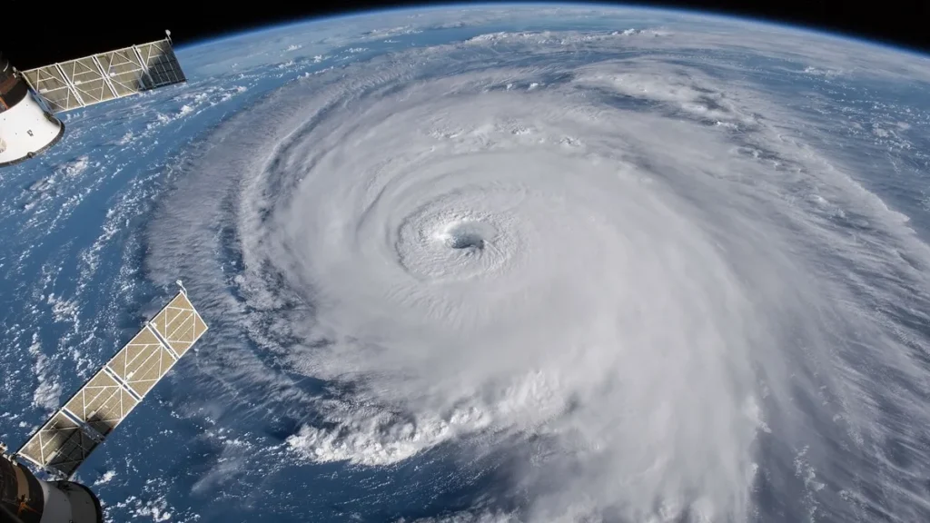 A giant hurricane swirls over the blue ocean, captured from the International Space Station with solar panels visible.