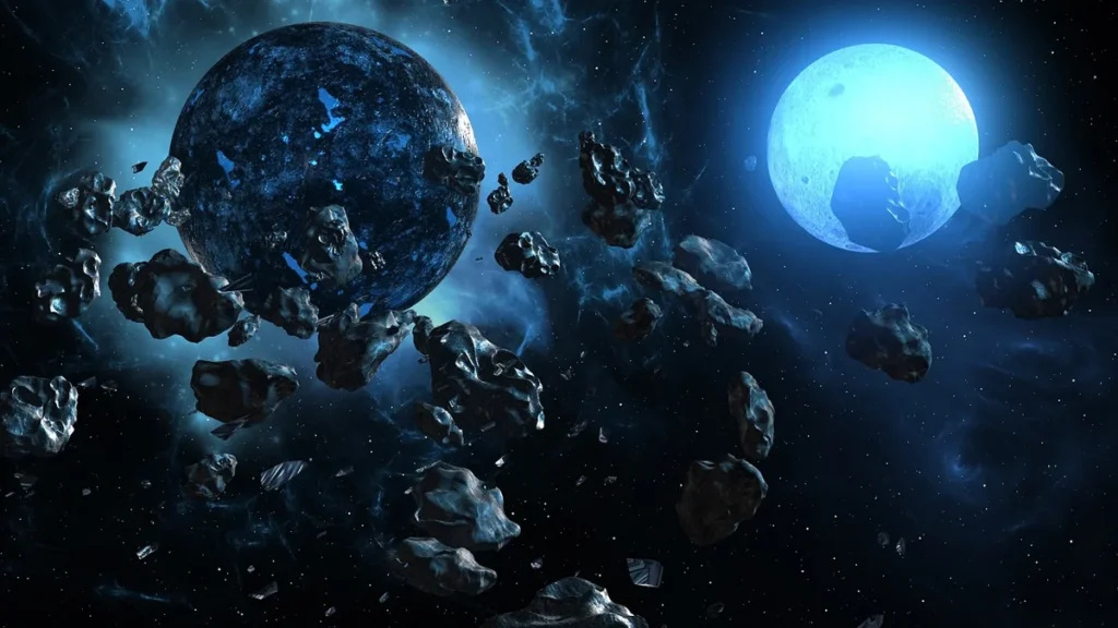 A dark planet and a glowing blue moon surrounded by a field of asteroids in cosmic dust.