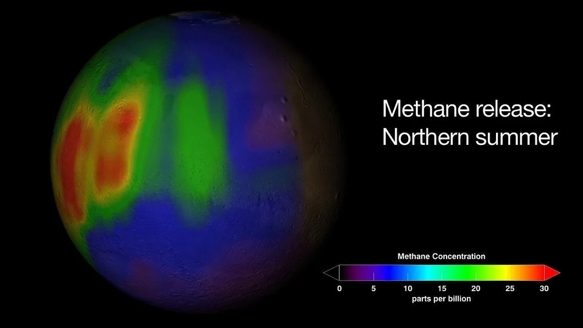 Colorful planetary map showing methane concentration levels during northern summer, with a scale bar.