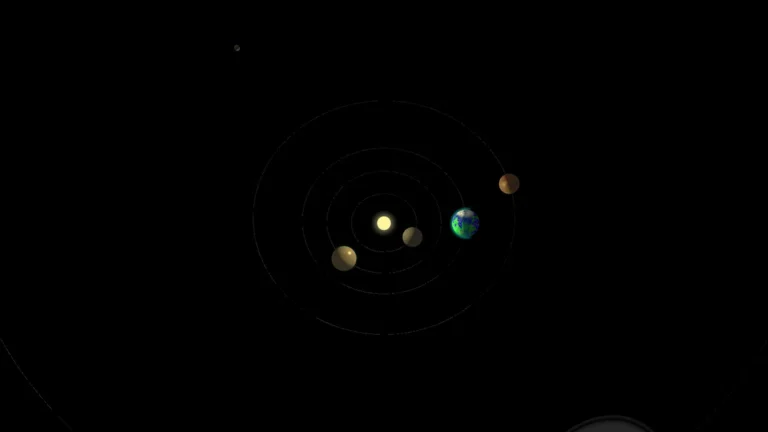 Computer-generated visualization of a solar system with planets on circular orbits around a glowing yellow star.