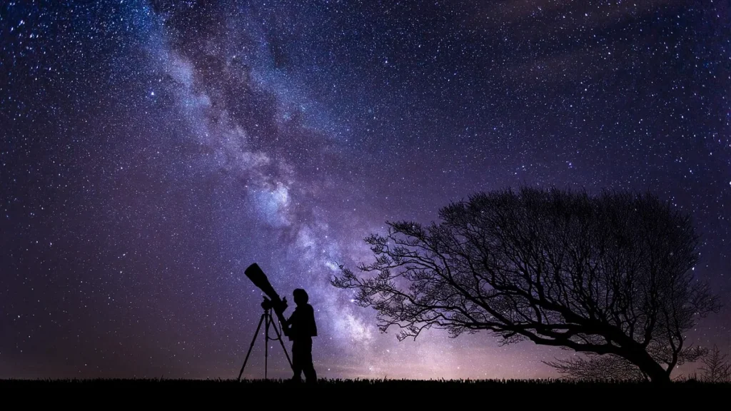 Silhouetted astronomer with telescope under a brilliant starry Milky Way sky beside a large tree.