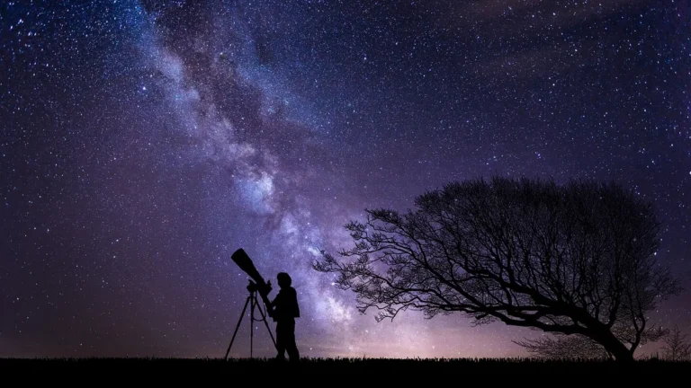 Silhouetted astronomer with telescope under a brilliant starry Milky Way sky beside a large tree.