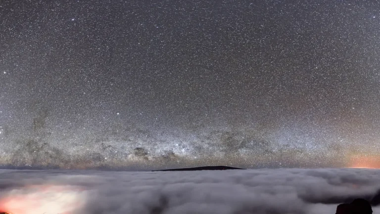 Milky Way arches over a dense sea of clouds with a dark mountain peak on the horizon under a star-filled sky.