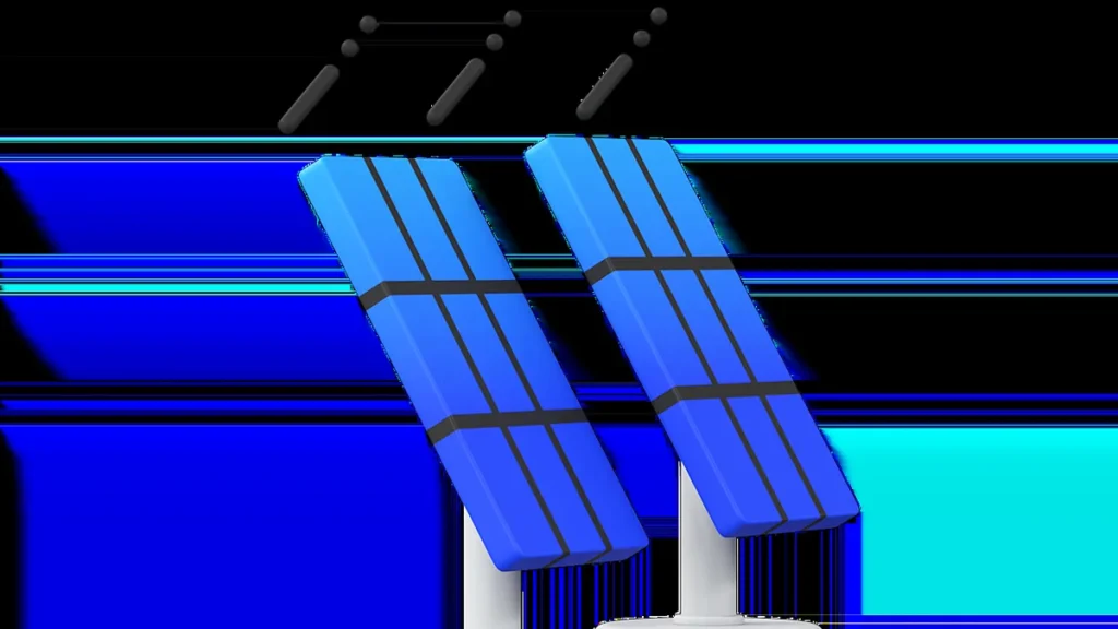 Two blue stylized solar panels with abstract grey orbital lines and a blue gradient stripe on a white background.