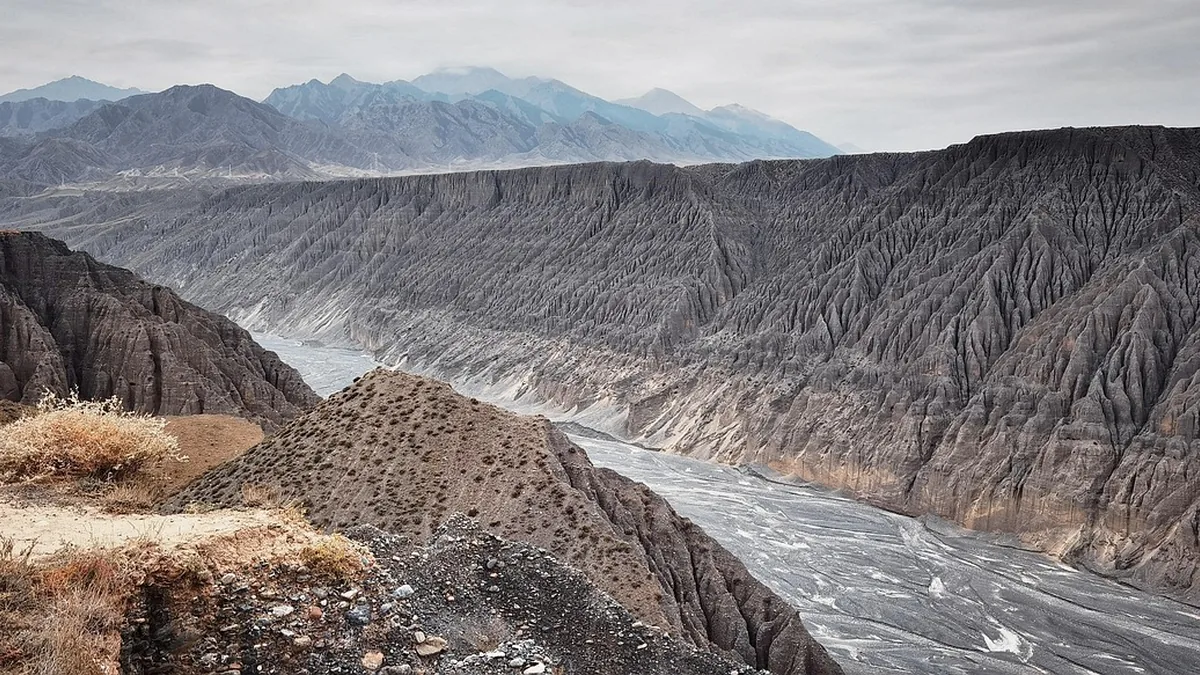 Deeply eroded grey canyon slopes with gully patterns stretching into the distance under an overcast sky.