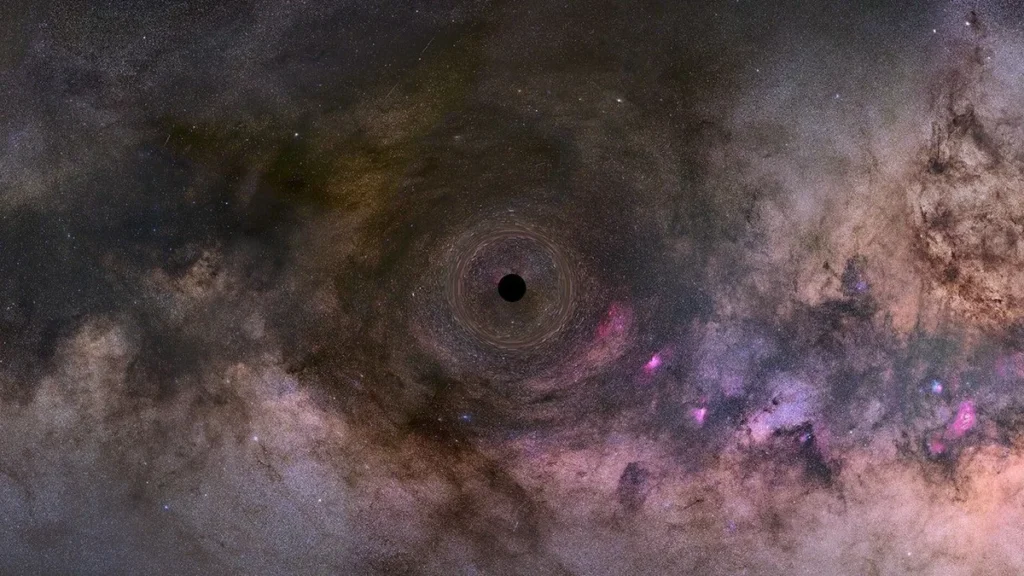 A black hole warping the starry Milky Way background through gravitational lensing.