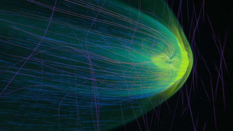 Colorful scientific visualization of Earth's magnetic field lines glowing green and blue against purple solar wind.