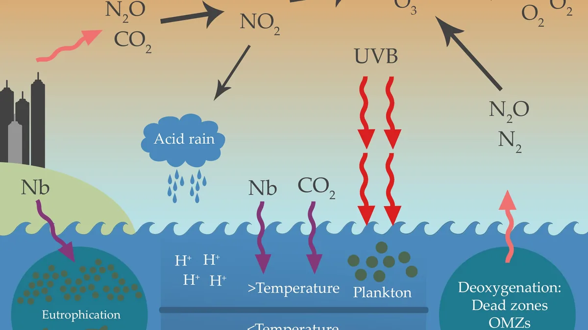 Scientific diagram of atmospheric and ocean chemical cycles, including ozone, acid rain, eutrophication, and deoxygenation.