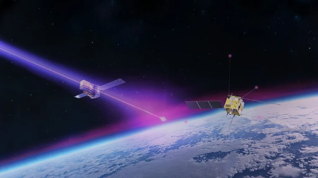 Artist's concept of satellites beaming a bright purple laser signal down to Earth.