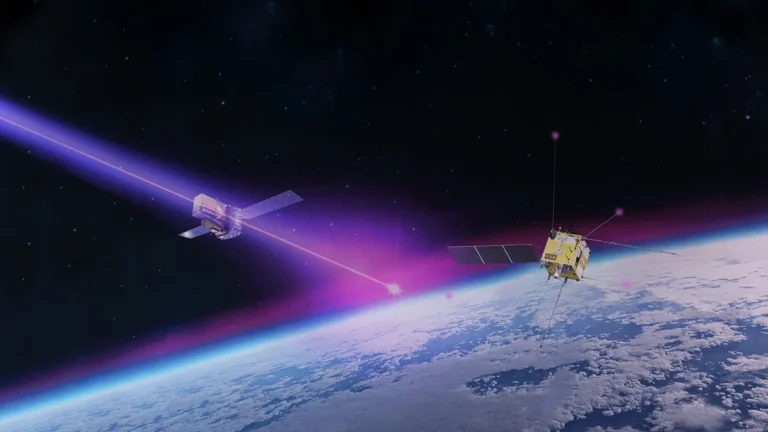 Artist's concept of satellites beaming a bright purple laser signal down to Earth.