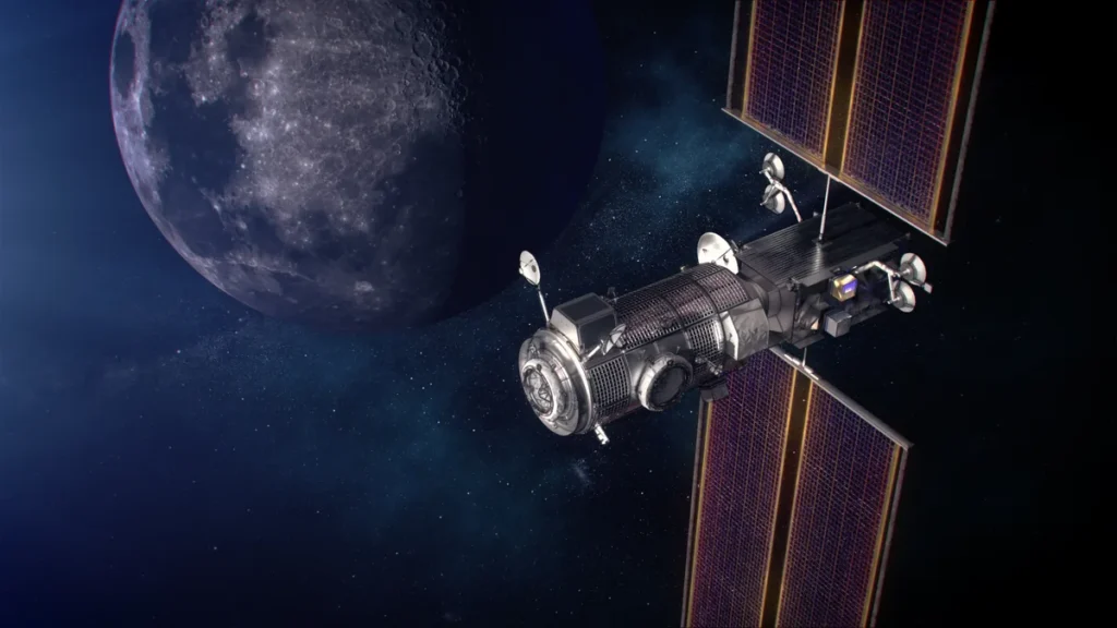 A high-tech orbital platform with large solar panels orbits a cratered Moon in deep space.