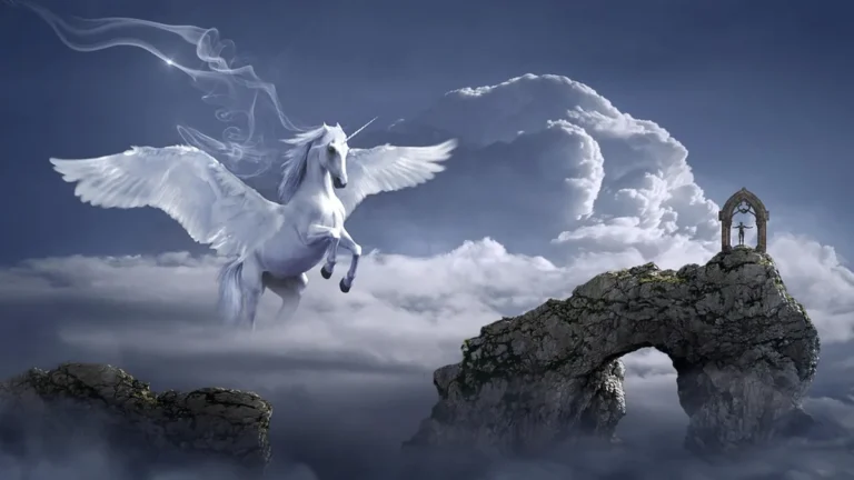A white winged unicorn flies over clouds and rocky arches under a blue sky.