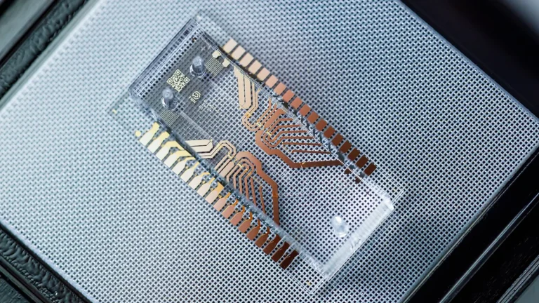 A transparent microfluidic chip with copper-colored circuit traces and a QR code on a grey grid.