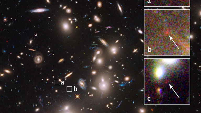 Deep field image of distant galaxies with inset close-ups of redshifted objects labeled a, b, and c.