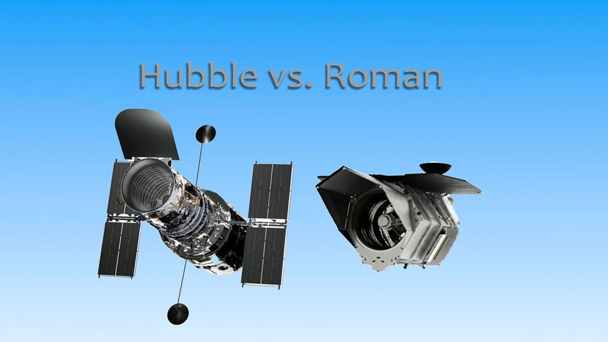 Graphic comparison of the Hubble and Roman space telescopes side-by-side on a blue background.