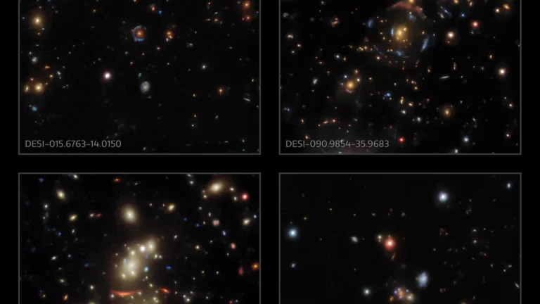 Four panels of deep space showing gravitational lens candidates labeled with DESI coordinates.