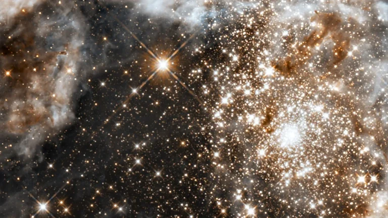 A dense cluster of brilliant stars glowing within colorful cosmic dust clouds.