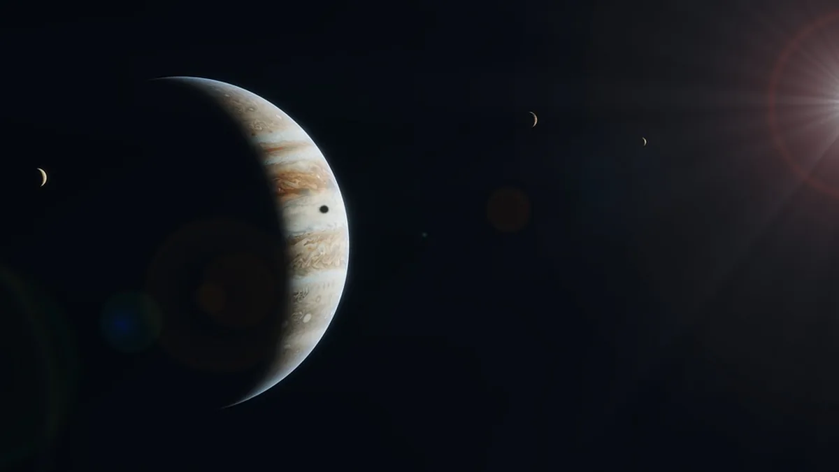 Artist's rendering of Jupiter and its crescent moons orbiting in deep space under a bright starlight.
