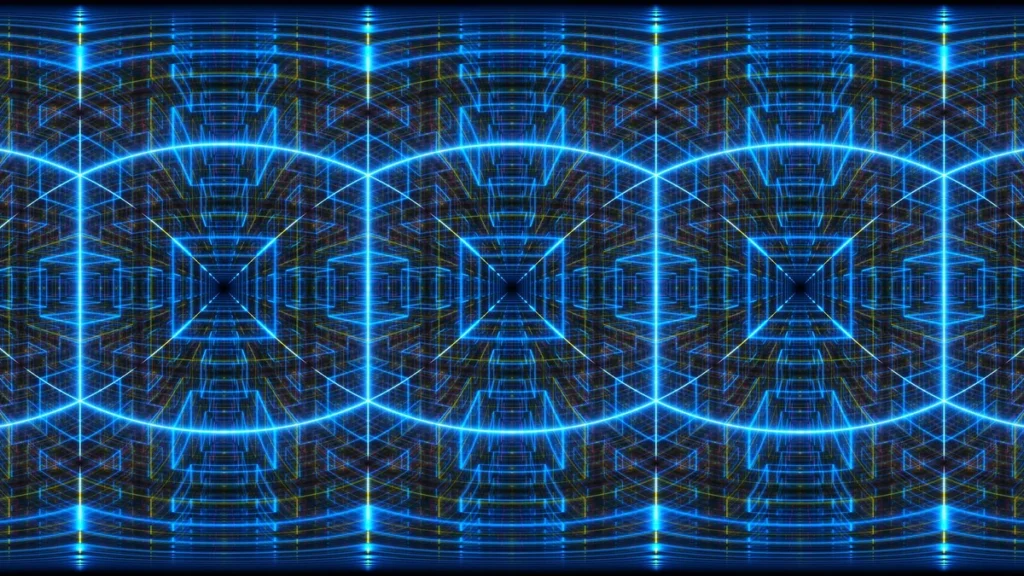 A repeating blue glowing grid pattern forming futuristic tunnel-like orbits.
