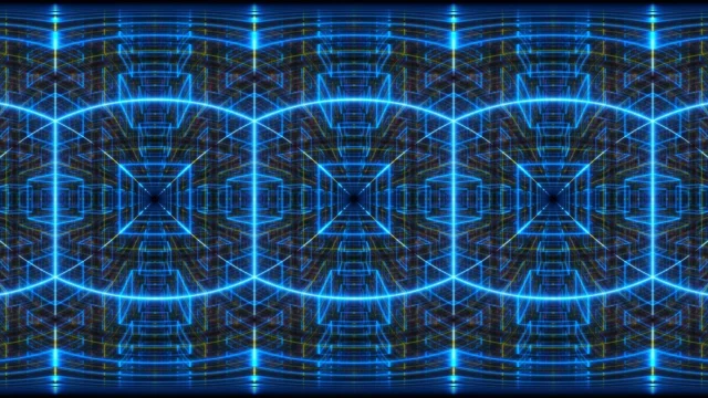 A repeating blue glowing grid pattern forming futuristic tunnel-like orbits.