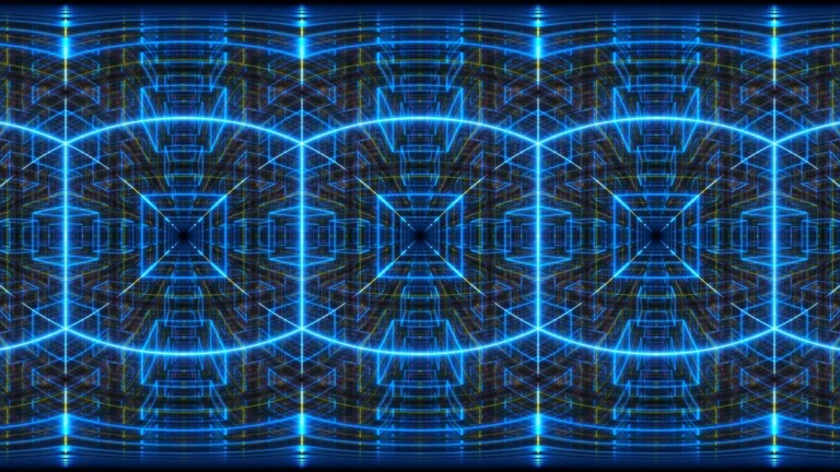 A repeating blue glowing grid pattern forming futuristic tunnel-like orbits.