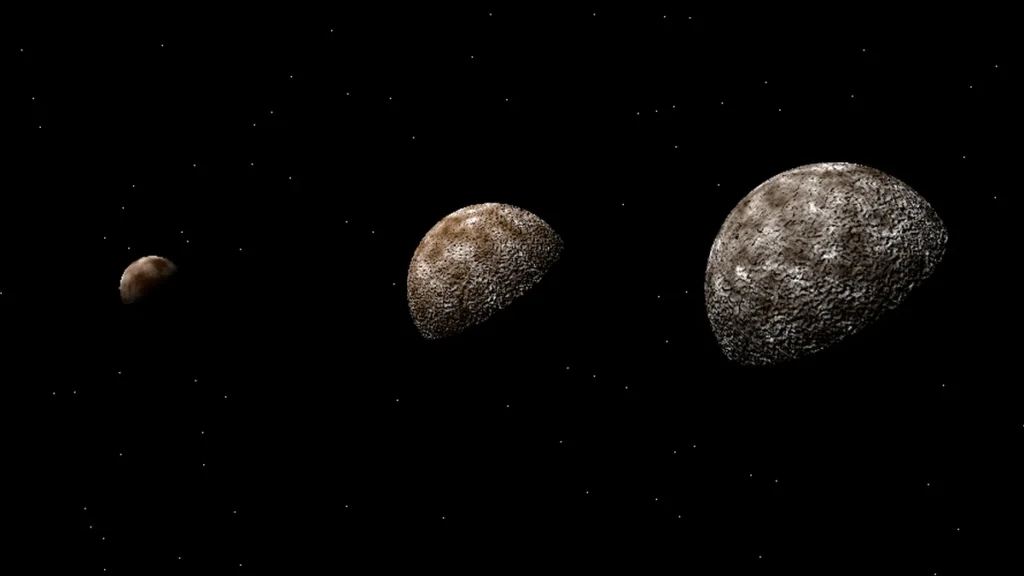 Three cratered planetary moons of increasing size aligned against a starry black space background.
