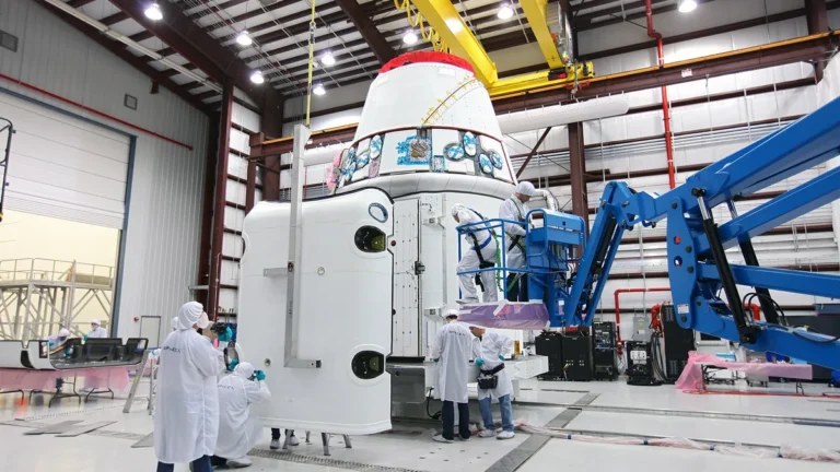 SpaceX technicians in white cleanroom suits work on a large white spacecraft capsule inside a spacious hangar facility.