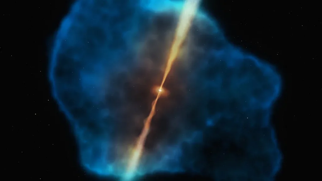 Artist's concept of a dusty black hole with powerful jets surrounded by a glowing blue nebula.