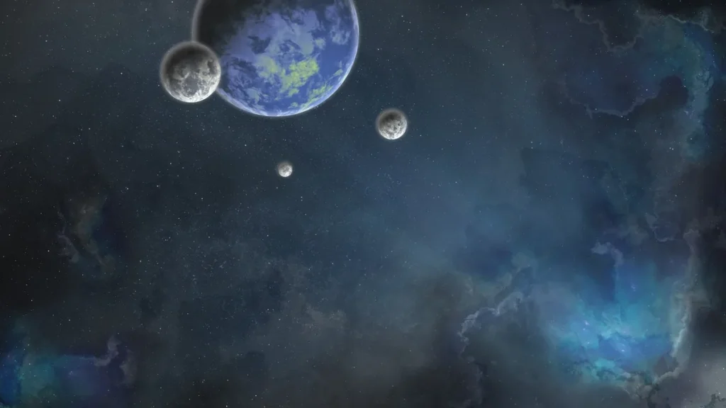 Artist’s impression of a blue Earth-like planet with three moons orbiting in a starry nebula.