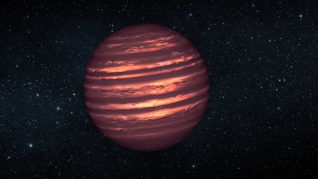 Artist's concept of a purple-red brown dwarf with bright orange bands of patchy clouds, set in a starry space background.