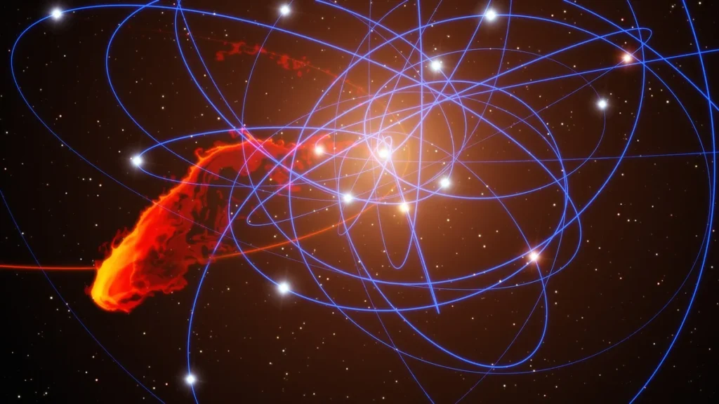 Artist's impression of a red gas cloud and blue star orbits around the Milky Way's central black hole.